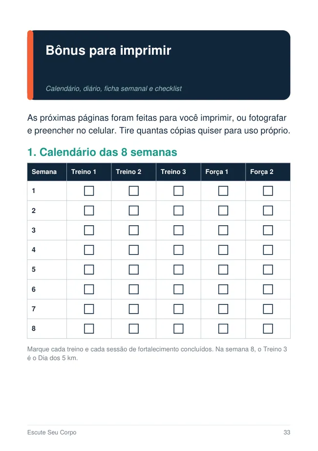 Prévia da página 33: calendário imprimível para registrar os treinos